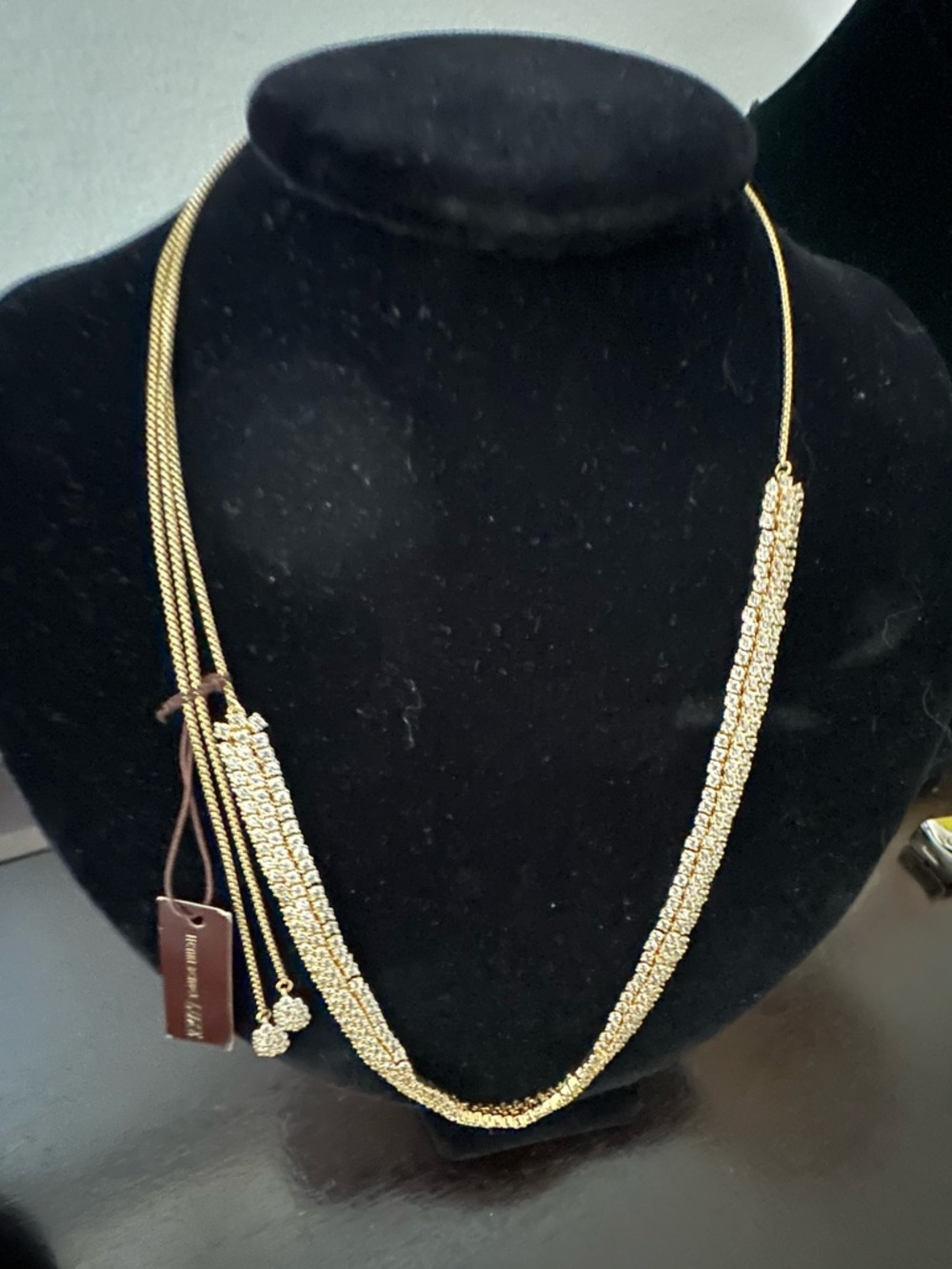 Henri Bendel Luxe Ribbon Gold & Crystal Rhinestone Pave Adjustable Necklace NWT